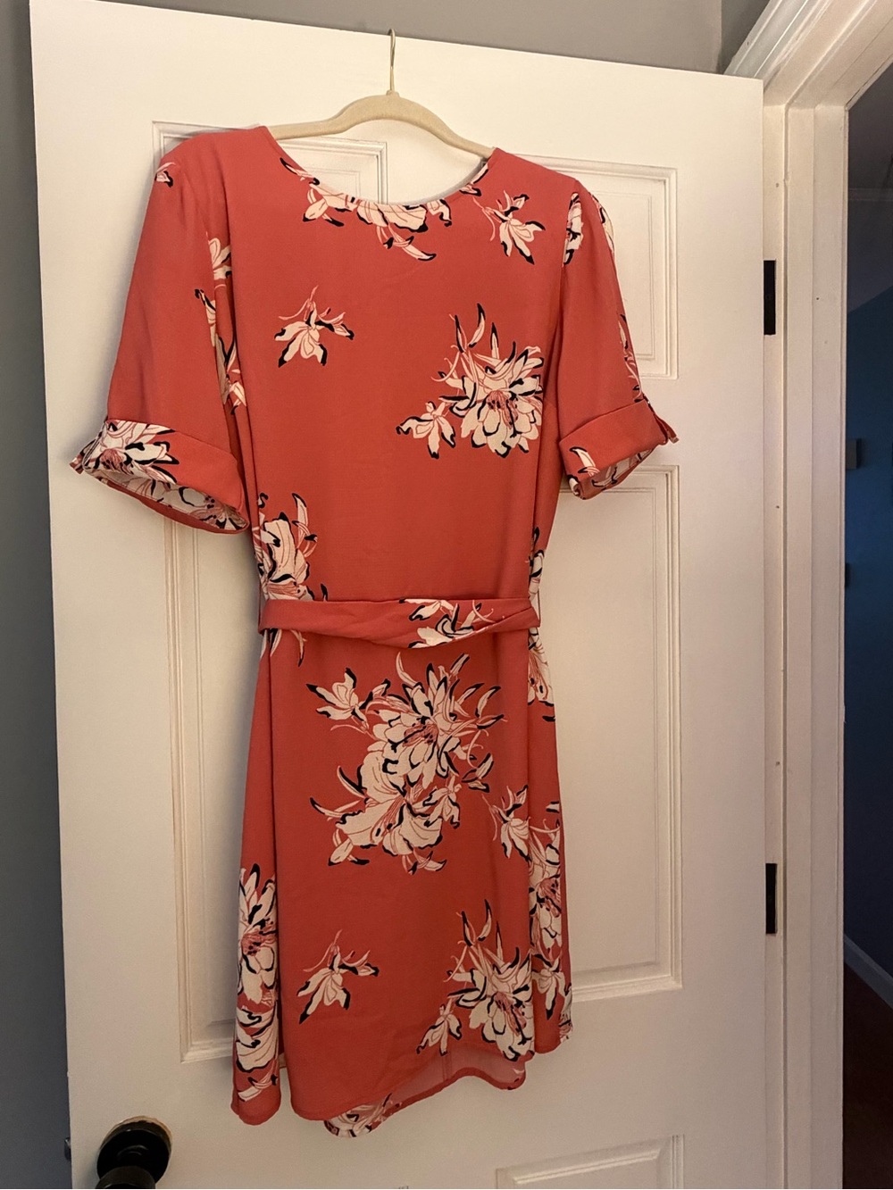 Women's Coral Floral Midi Dress with Self-Tie Belt